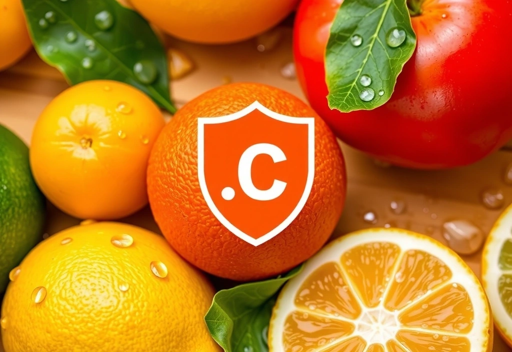 Agrumi freschi e colorati con gocce d'acqua e un simbolo di scudo stilizzato, rappresentando la vitamina C e l'immunità.