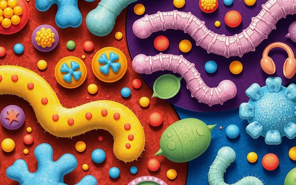 Illustrazione del microbioma intestinale con batteri benefici e nocivi
