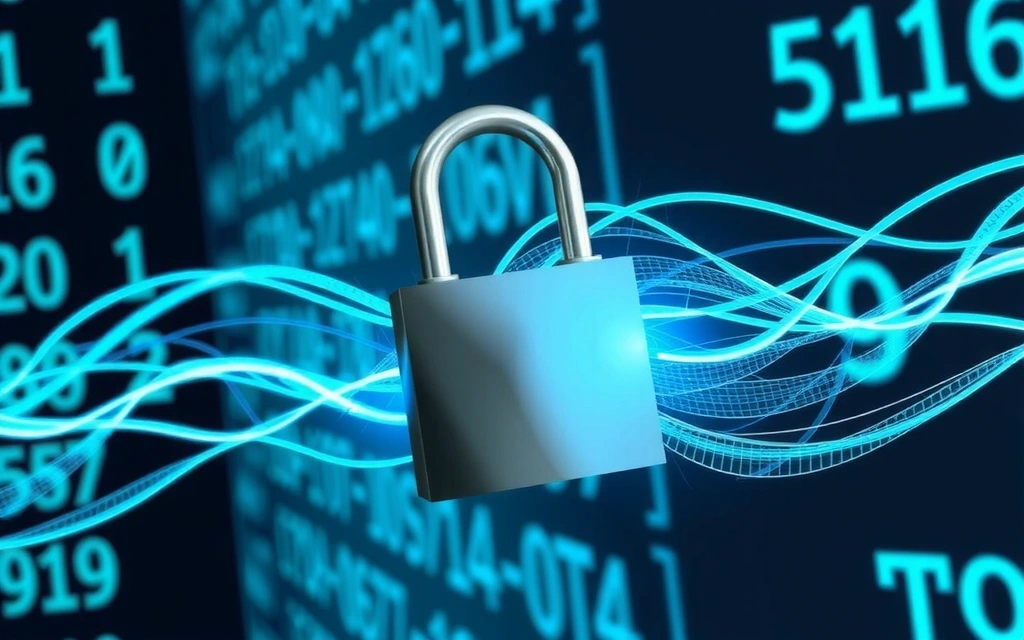 Un lucchetto digitale con dati che scorrono in background, simbolo di sicurezza e protezione dei dati.