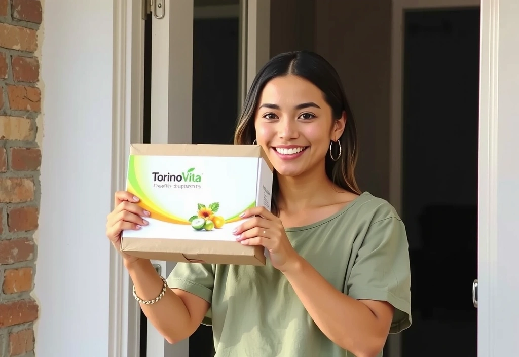 Donna sorridente che riceve un pacco di prodotti Torinovitavb